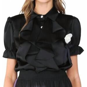 NEW BEULAHSTYLE desiree ruffle and rose accent satin blouse in black